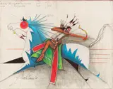 Shooting Horse by Donald Montileaux, pencil on ledger paper, mounted on canvas, offered Mar 2024