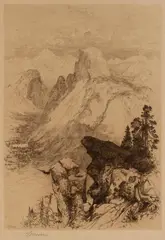 Half Dome, Yosemite by Thomas Moran, etching, rare pencil copy, published around 1888 Original pencil signature lower, offered Mar 2023