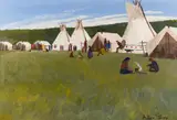 Allen Sapp, Teepees and Grass, oil on canvas