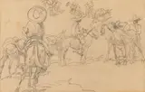 Edward Borein, Mexican Mule Pack Train, pencil "Preliminary drawing by Borein for Mexican Mule Pack Train Illustrated Su