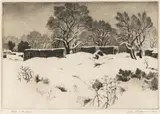 Adobes in the Snow by Gene Kloss, etching Original pencil signature lower right, offered Mar 2023