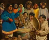Drummers by Harvey Goodale, oil on canvas, offered Mar 2023