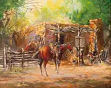 Buck McCain, Horse and Barn, oil on board