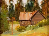 Stone Creek Camp by Linda Tippetts, oil on board, offered Mar 2023