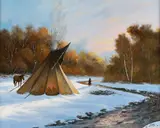 Camp at Oak Creek by Delbert Iron Cloud, oil on canvas, offered Mar 2023