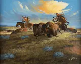 Buffalo Hunt by Delbert Iron Cloud, oil on canvas, offered Mar 2023