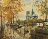 Bookstalls by Jean Salabet & Juan Bayon Salado, oil on canvas, offered Mar 2023