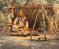 Harvey W. Johnson, (CA) Trapper's Camp, oil on canvasboard