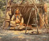 Harvey W. Johnson, (CA) Trapper's Camp, oil on canvasboard