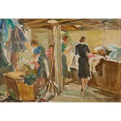Laundry Day by Marjorie Mostyn, oil on canvas, [approximate dimensions -, offered Aug 2026