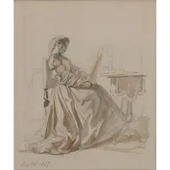 Anton von Werner, "Woman Reading,", 1867, pencil, ink, and watercolor on paper, [approximate dimensions -