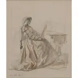Anton von Werner, "Woman Reading,", 1867, pencil, ink, and watercolor on paper, [approximate dimensions -