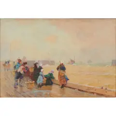 Hector Caffieri, Waiting on the Quayside, watercolor on board, [approximate dimensions -