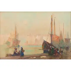 Hector Caffieri, Unloading A Catch, watercolor on board, [approximate dimensions -