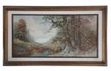 Wilhelm Brauer, Featured in this lot is this original oil on canvas by German artist Wilhelm Brauer born in 1924. The artwork features a wonderfully and professionally crafted oil on canvas construction that shows a riparian forest landscape with thick groupings of trees and a creek flowing away from a cottage in the woods. The artist signature is shown in the bottom right hand corner. Wilhelm Brauer was born in Dusseldorf, Original Oil