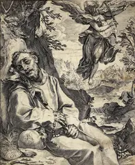 Agostino Carracci, St. Francis Consoled by the Musical Angel, engraving, 1595, collector's mark verso