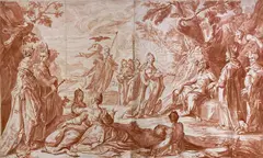 Hendrik Goltzius, The Judgement of Midas in the Contest between Apollo and Pan brush and red, ink and red chalk on 2 attached