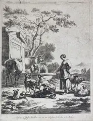Jan de Visscher, Goat Herders, etching on paper, mounted on support