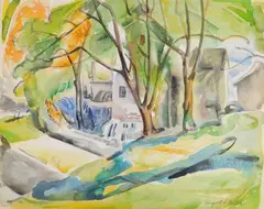 August Biehle, Landscape with House, watercolor on paper