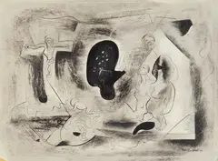 Charles Campbell, Line Figures Masses Around Black Area, pen and ink on paper, 1944