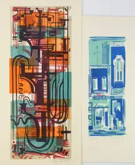 Edwin L. Fulwider, Untitled (Abstract) woodblock in colors, signed in pencil. 18 15/16 x 7 1/2" Together with Kathryn Fulwider (American, 1915-2003)- West High-, silkscreen in colors