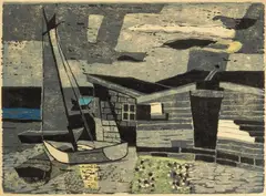 Lena Gurr, Shacks by the Sea, woodcut in colors, 1950