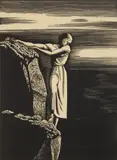 Rockwell Kent, Girl on Cliff wood, engraving, 1930