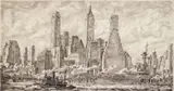 Reginald Marsh, Skyline from Pier 10, Brooklyn, etching, 1931