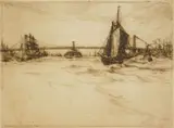 Charles Frederick William Mielatz, Breezy Day- East River, Williamsburg Bridge, etching and drypoint. 4 9/16 x 6 3/16"