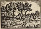 Birger Sandzén, Trees and River, linocut, 1946