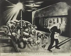 Modern Man Followed by the Ghosts of His Meal photo by Sue Coe, etching, 2001, offered Dec 2025
