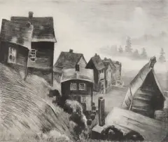 Mabel Dwight, Fishing Village, Nova Scotia, lithograph, 1931, bears a signature in pencil