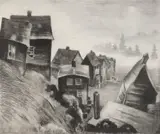 Mabel Dwight, Fishing Village, Nova Scotia, lithograph, 1931, bears a signature in pencil