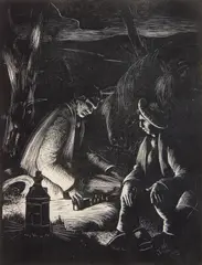 Clare Leighton, Two Men with Horses in the open by Lamplight wood, engraving, 1929