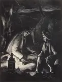 Clare Leighton, Two Men with Horses in the open by Lamplight wood, engraving, 1929