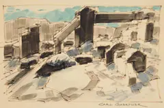 Carl Gaertner, City Scene, watercolor and marker on paper drymounted to a thin piece of cardboard