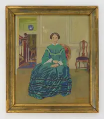Ora Coltman, Interior Scene with Lady in Green Gown, oil on canvasboard, 1935