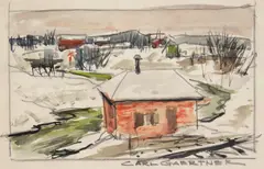 Carl Gaertner, Red House in Winter, watercolor on paper drymounted to a thin piece of cardboard