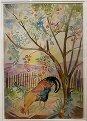 William Sommer, Rooster Under Apple Tree, watercolor on paper, ca. 1920