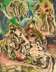 Paul B. Travis, Fighting At Edge of Forest dry brush, watercolor, 1949