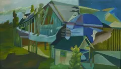 Charles E. Harris, Abstracted Building with Figures, oil on canvas, estate