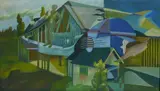 Charles E. Harris, Abstracted Building with Figures, oil on canvas, estate