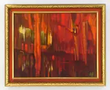 William S. Gisch, Abstracted City in Red, oil on panel, 1971