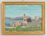 William S. Gisch, Ruins by Lake, oil on board, 1975