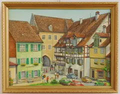 European Village by William S. Gisch, oil on board, 1977, offered Oct 2025