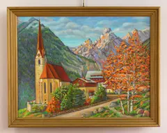 Town in Mountainous Landscape by William S. Gisch, oil on board, 1977, offered Oct 2025