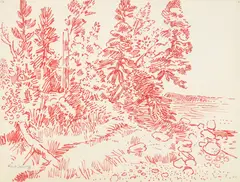 Karl Schrag, Tree Bending to Water red, pen and ink on paper