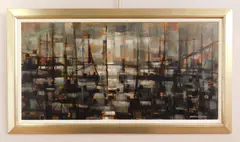 Andre Brooke, Boats in the Harbor, oil on panel