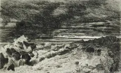 John Wright Oakes, The Last Gleam of Day, etching. 4-3/8 x 7-1/4"