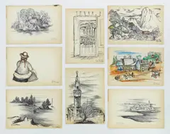Bolivia; Chiapas; Jaffa; Mekin Maine; Rome, Italy; Yafo Israel; Machu Picchu & Untitled 7 drawings & 1 by Leon Gordon Miller, watercolor, each, offered Sep 2025